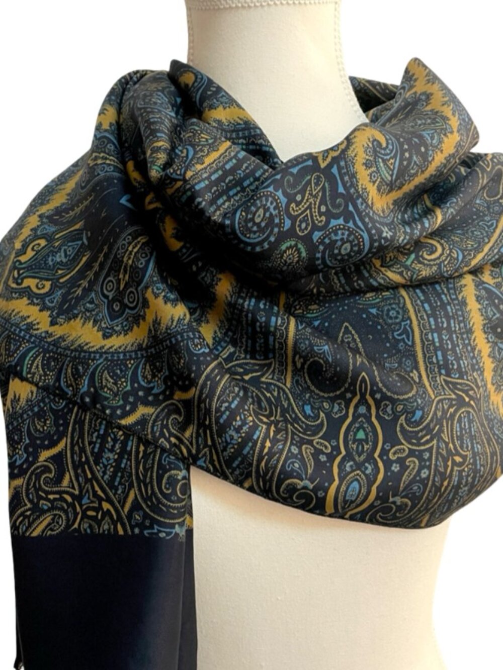 Made in Italy 100% Silk Paisley Scarf Navy Gold Blue 23 x 53 Elegant Italian-mad